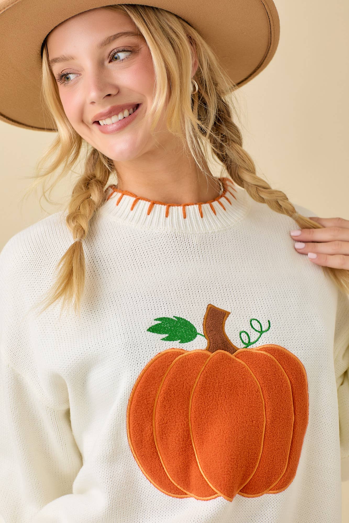 Pumpkin Patchwork Sweater Knit Top With Stitching Detail