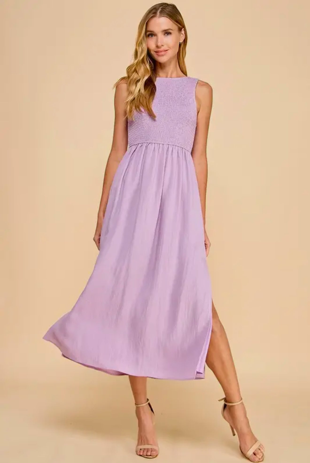 Sleeveless Smocked Bodice Side Slit Midi Dress