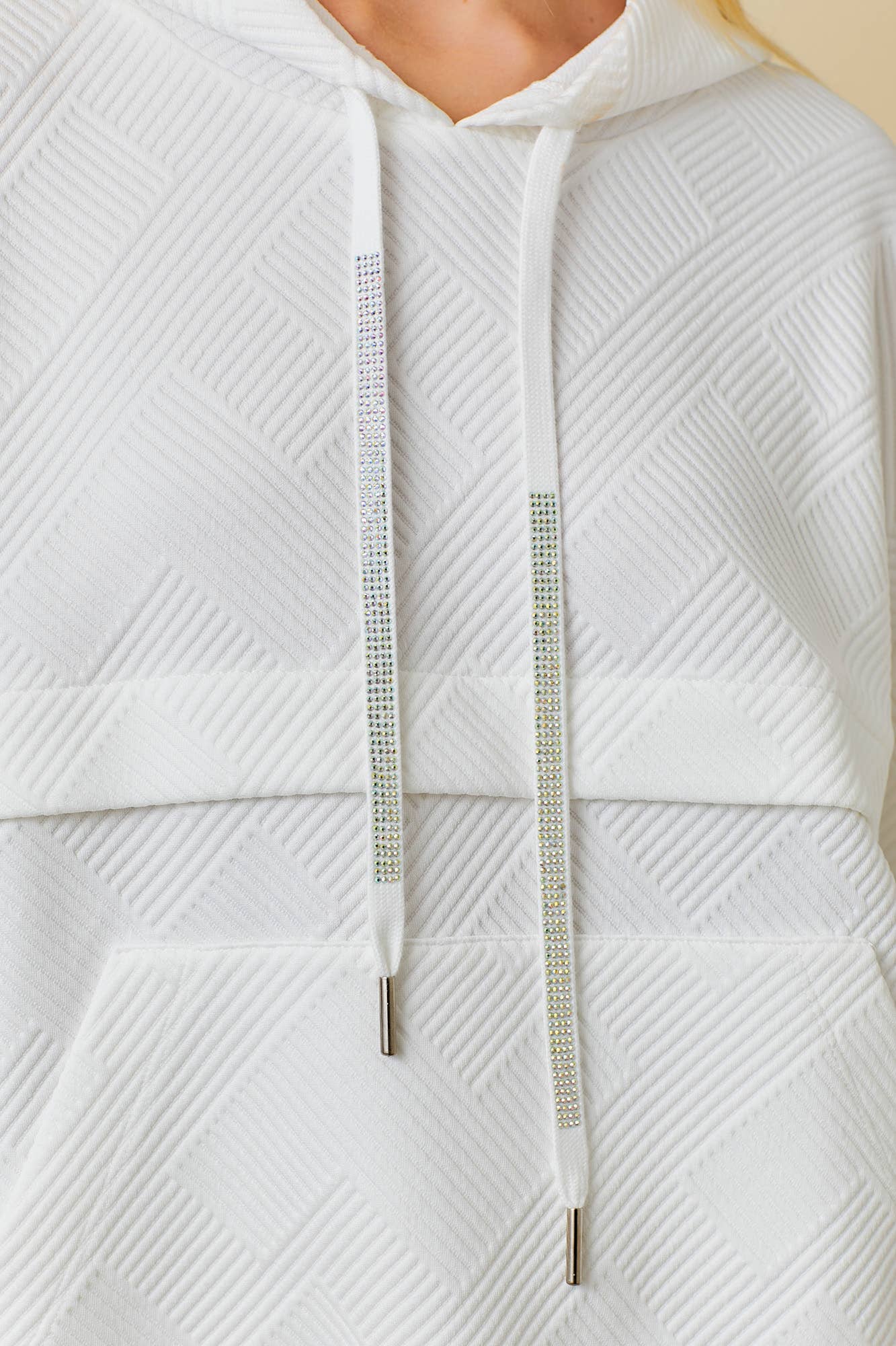 Rhinestone Trim Textured Knit Hoodie