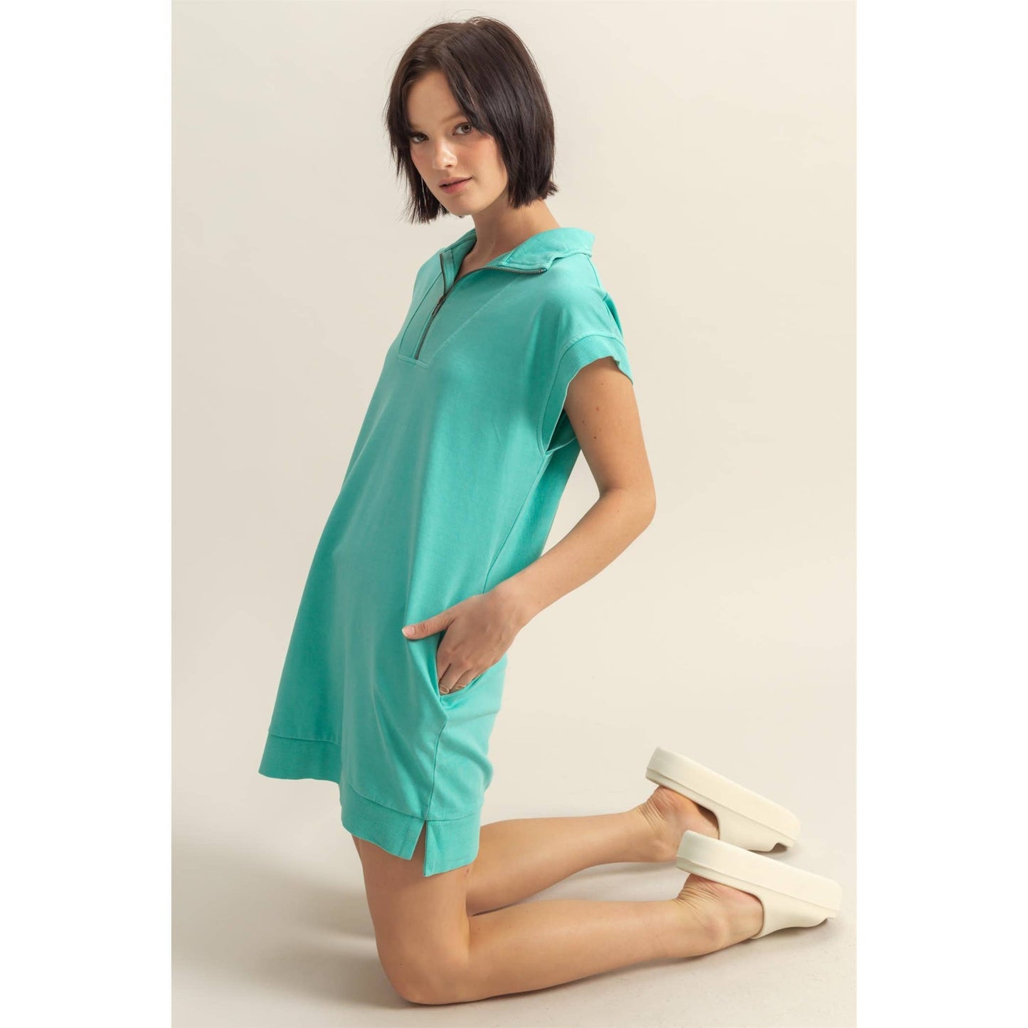 Half Zip Up Mock Neck Mini Dress
