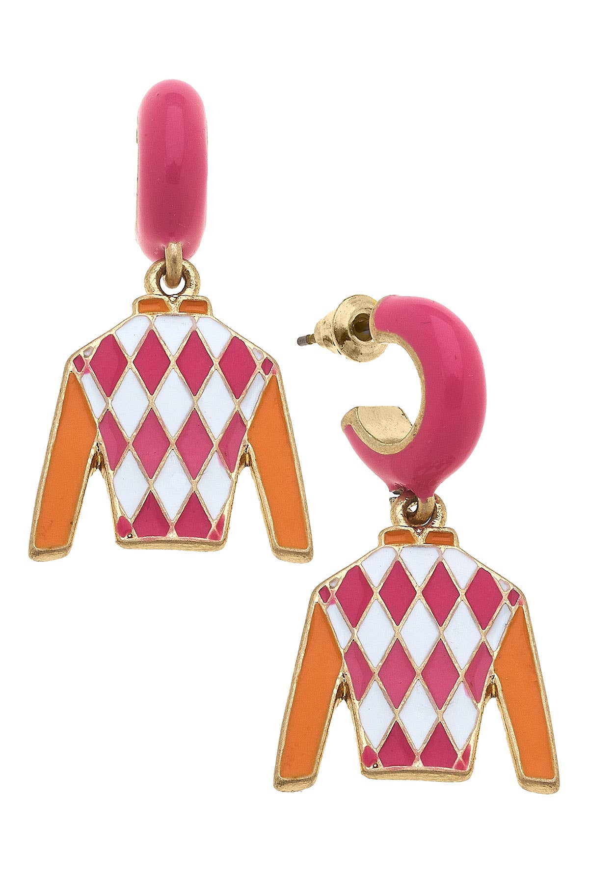 Fiona Jockey Silk Huggie Drop Earrings in Pink & Orange