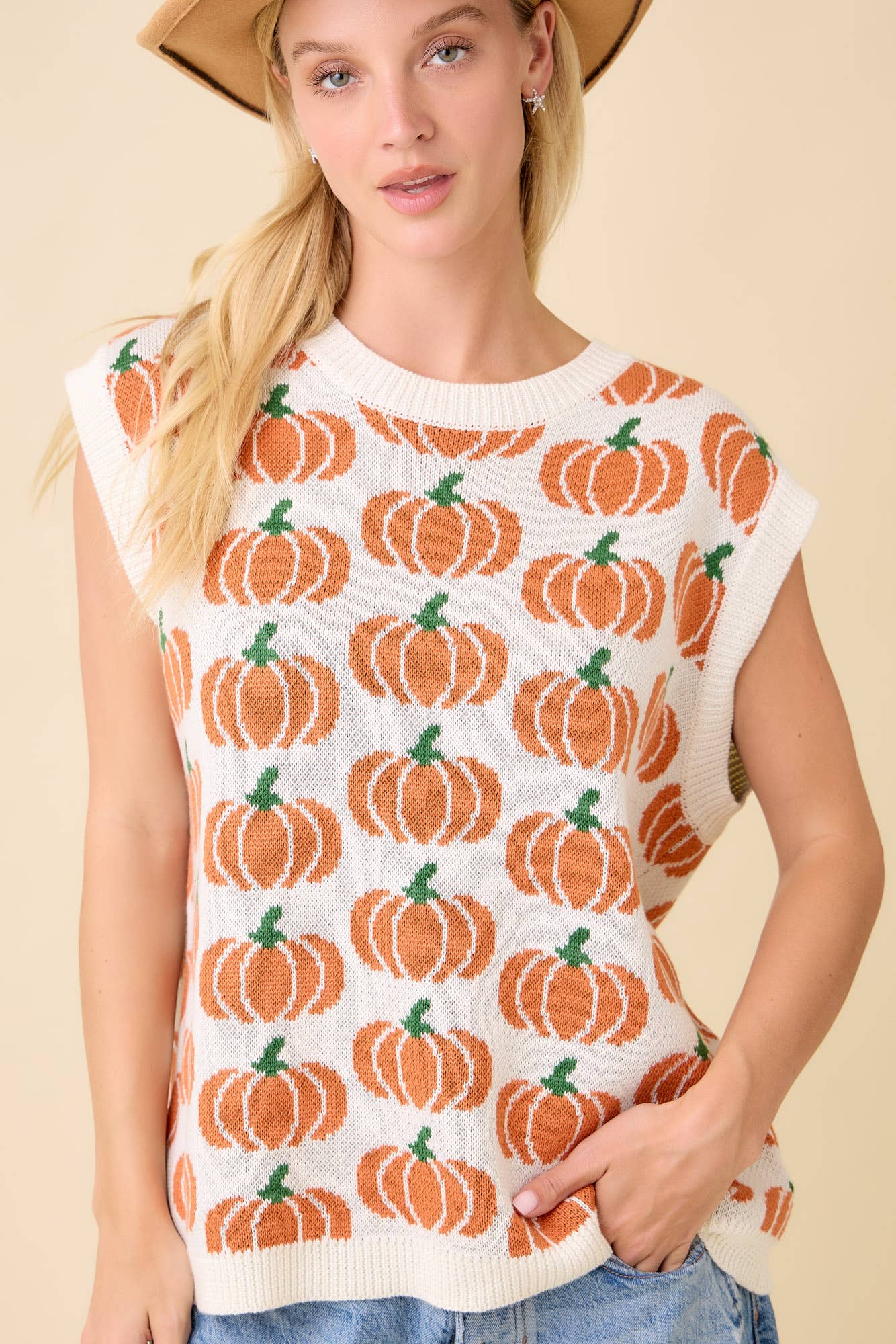 Pumpkin Print Sleevless Sweater Knit Top