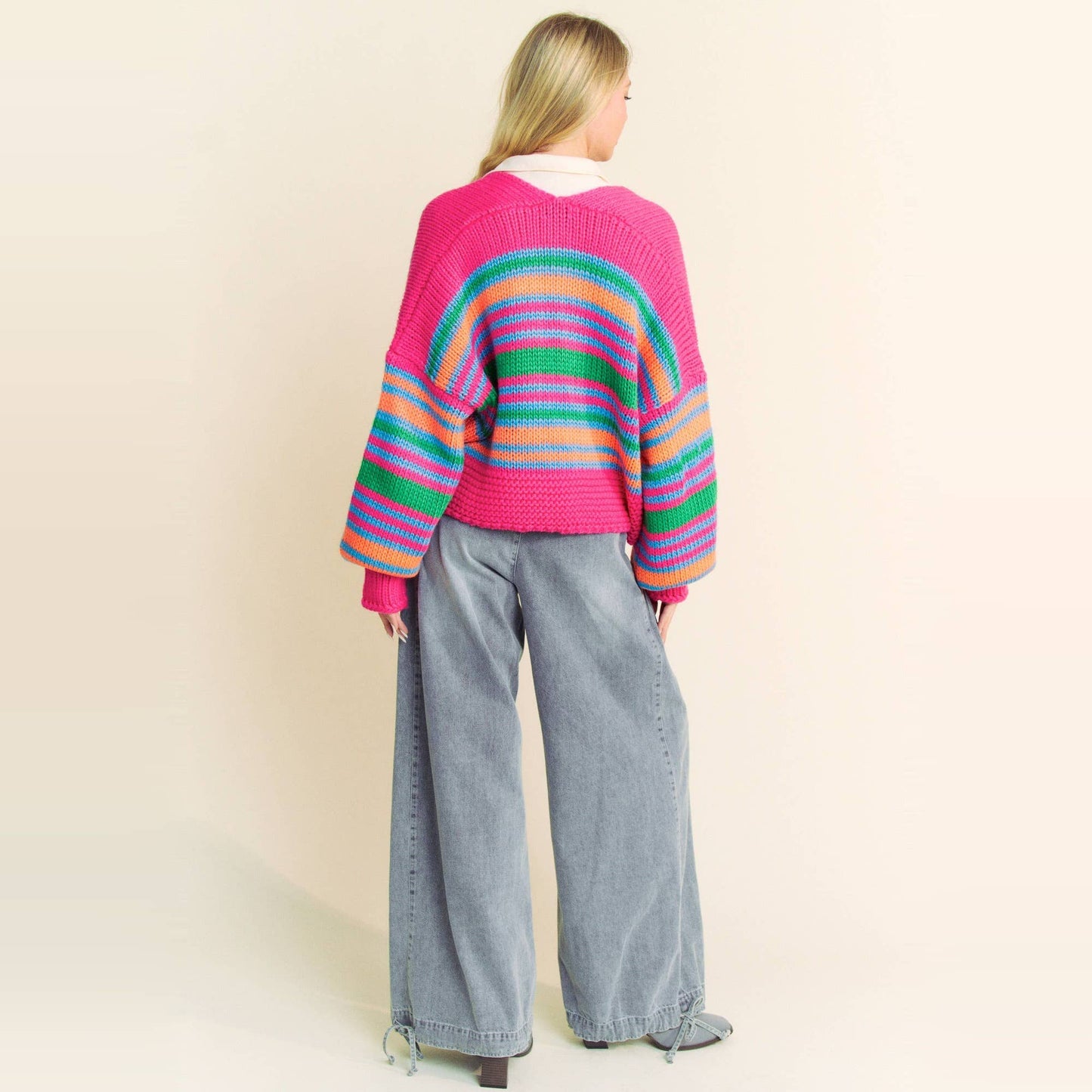Chunky Knit Multi Striped Open Sweater Cardigan