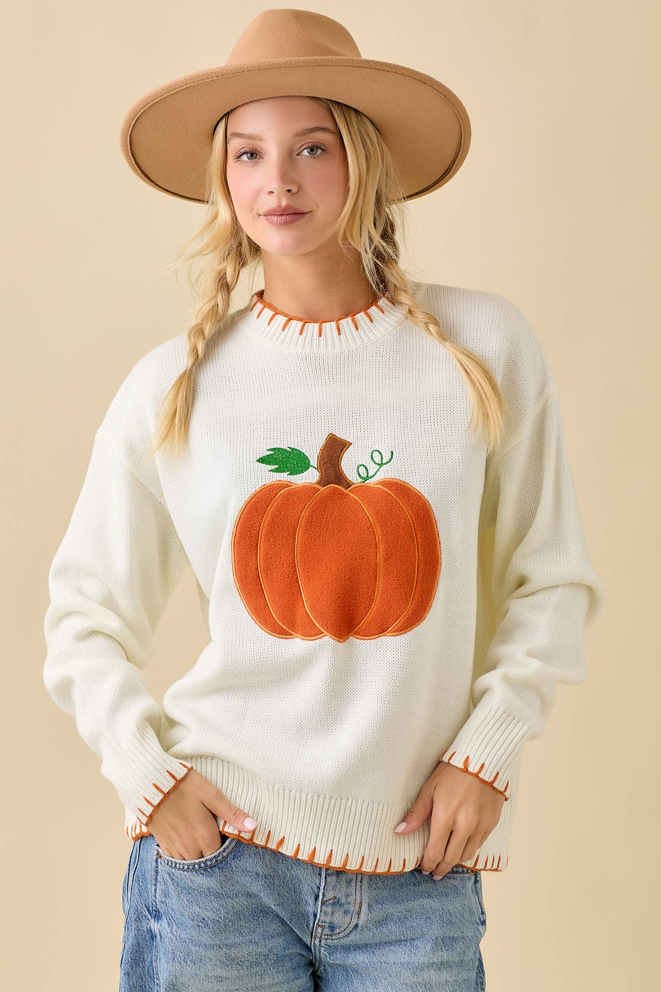 Pumpkin Patchwork Sweater Knit Top With Stitching Detail