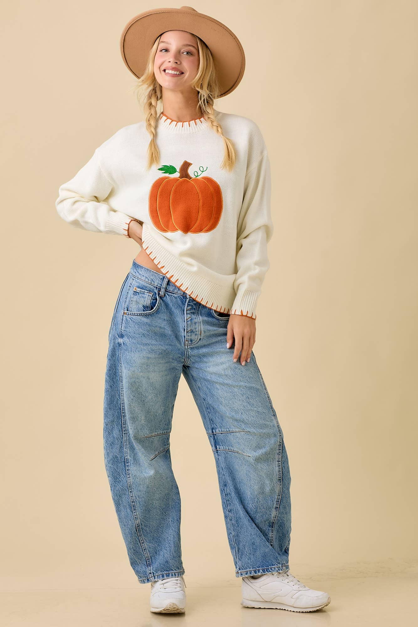 Pumpkin Patchwork Sweater Knit Top With Stitching Detail