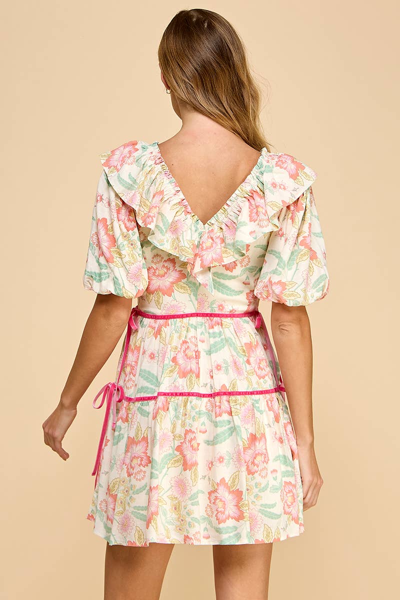 Floral Print V Neck Ruffle Detail Dress