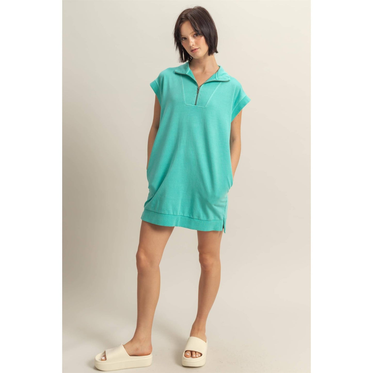 Half Zip Up Mock Neck Mini Dress