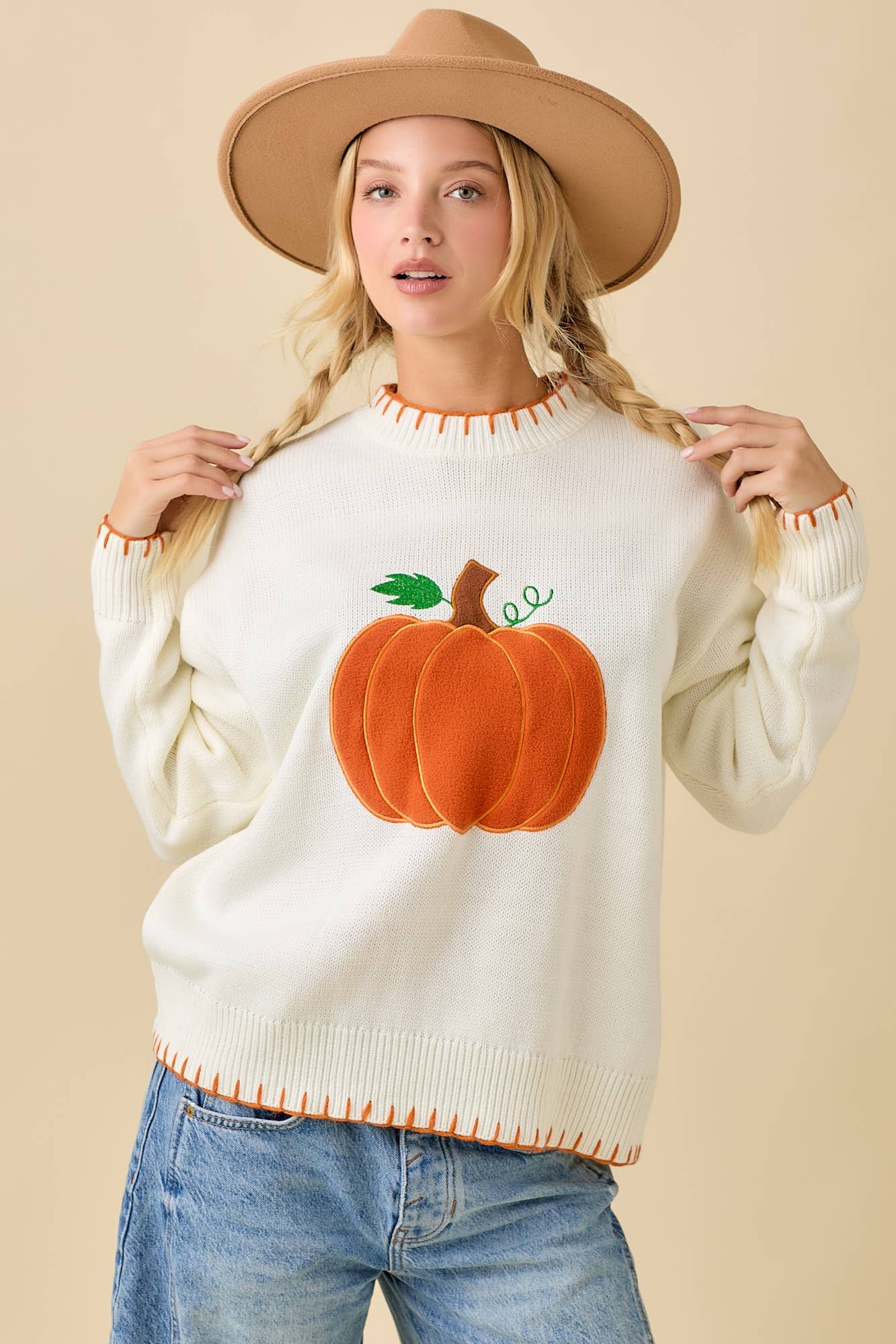 Pumpkin Patchwork Sweater Knit Top With Stitching Detail