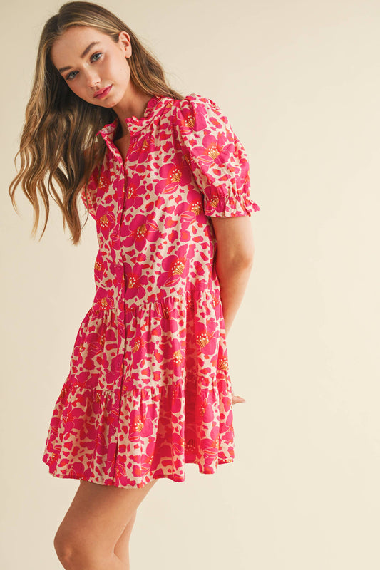 CD05908-Floral Print Button Down Front Mini Dress
