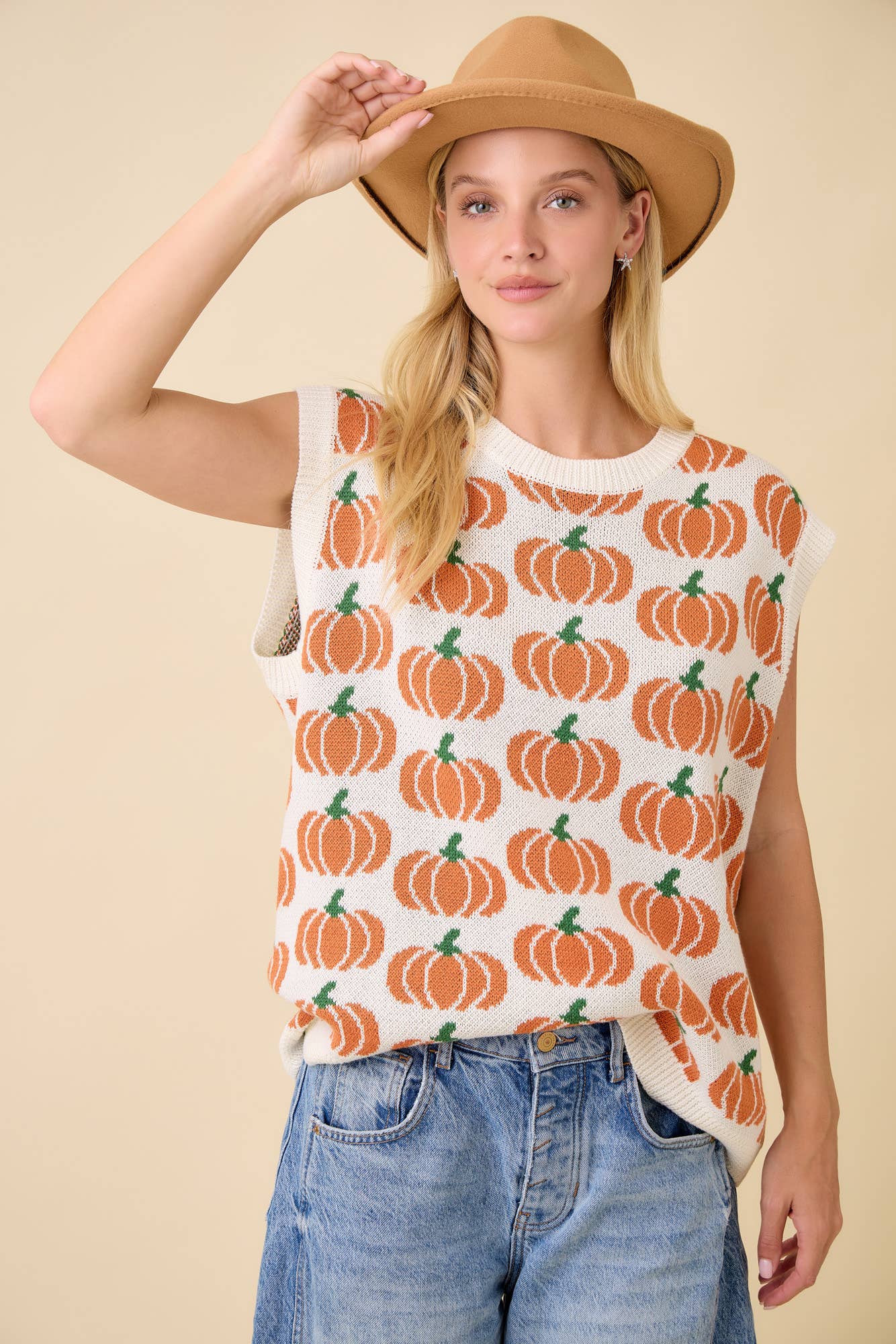 Pumpkin Print Sleevless Sweater Knit Top