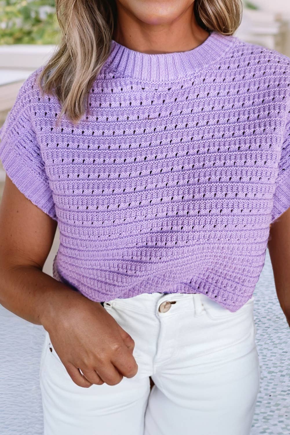 Knit Ribbed Trim Short Sleeve Sweater