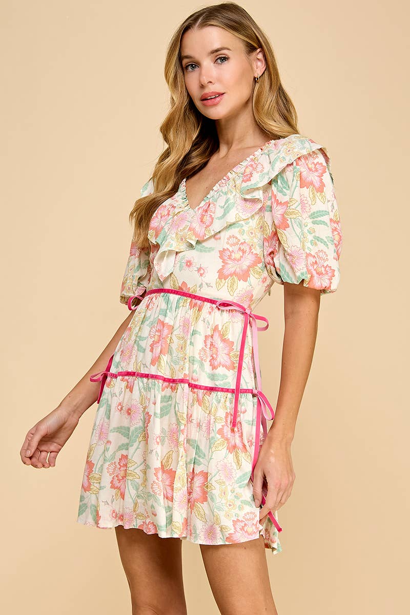 Floral Print V Neck Ruffle Detail Dress