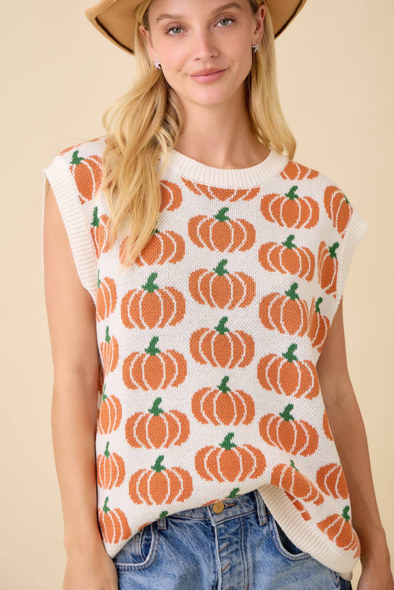 Pumpkin Print Sleevless Sweater Knit Top
