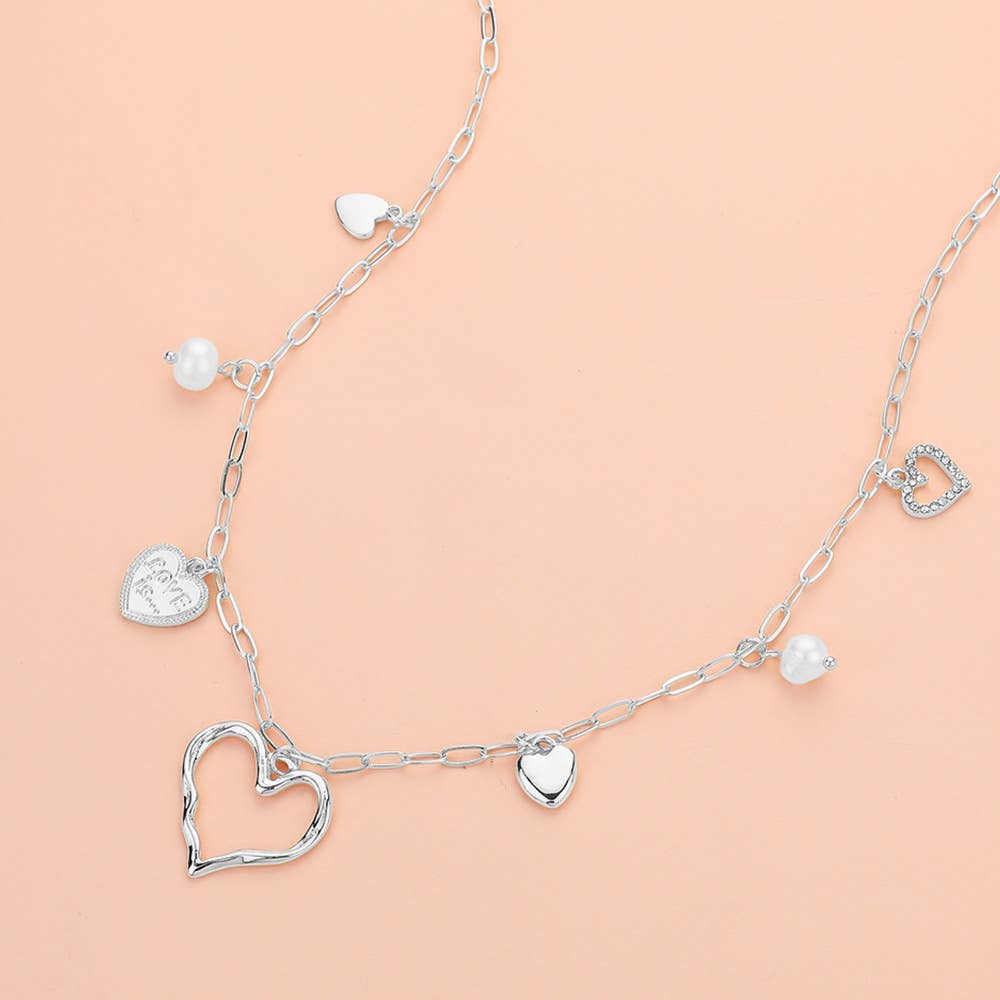 Heart and Pearl Charm Station Necklace