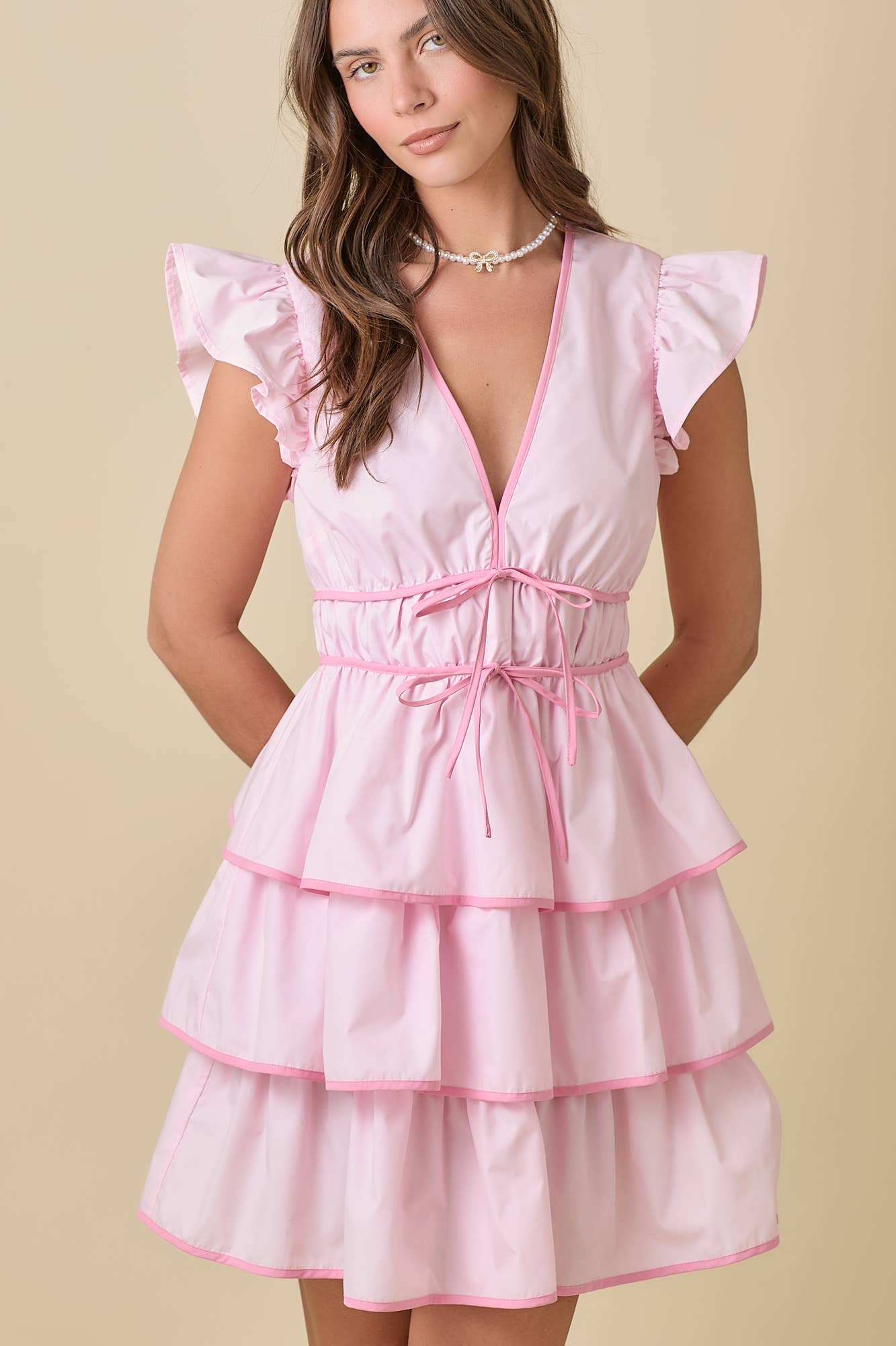 Deep V-neck Ruffle Tier Mini Dress
