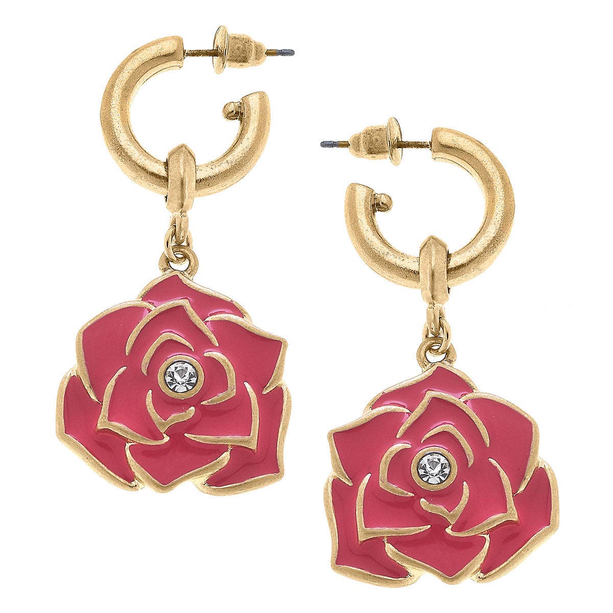 Isabella Rose Enamel Drop Hoop Earrings in Worn Gold