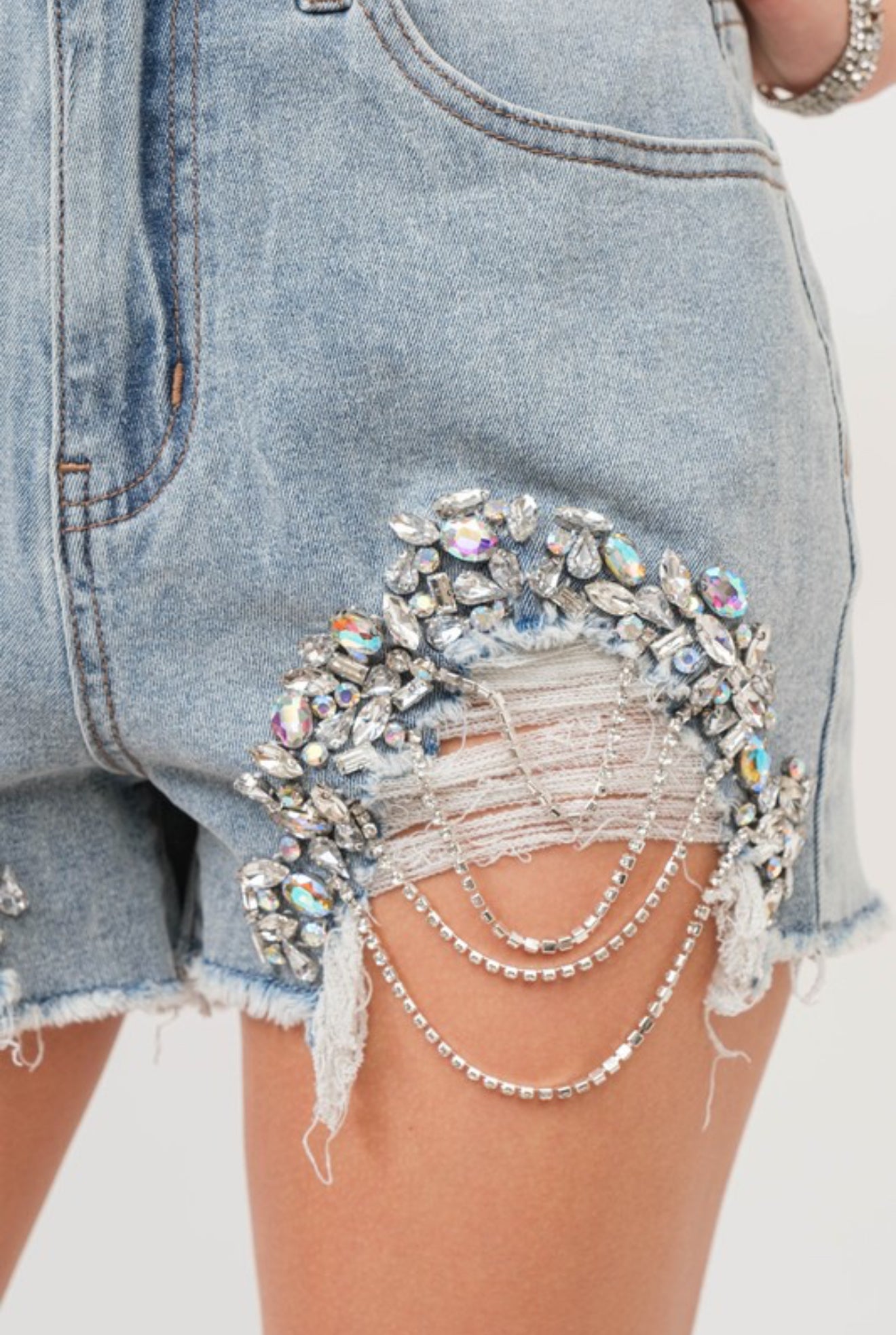 Rhinestone Fringe Frayed Mid Rise Denim Shorts