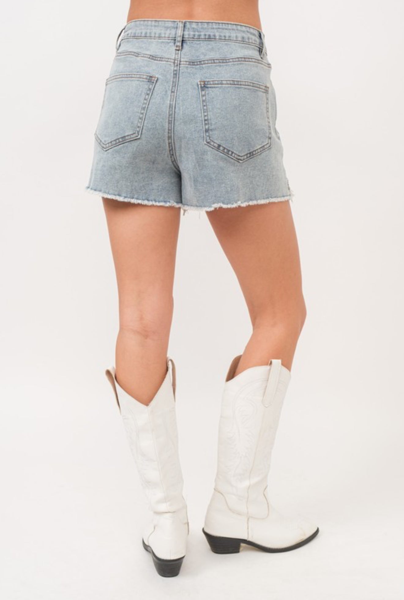 Rhinestone Fringe Frayed Mid Rise Denim Shorts