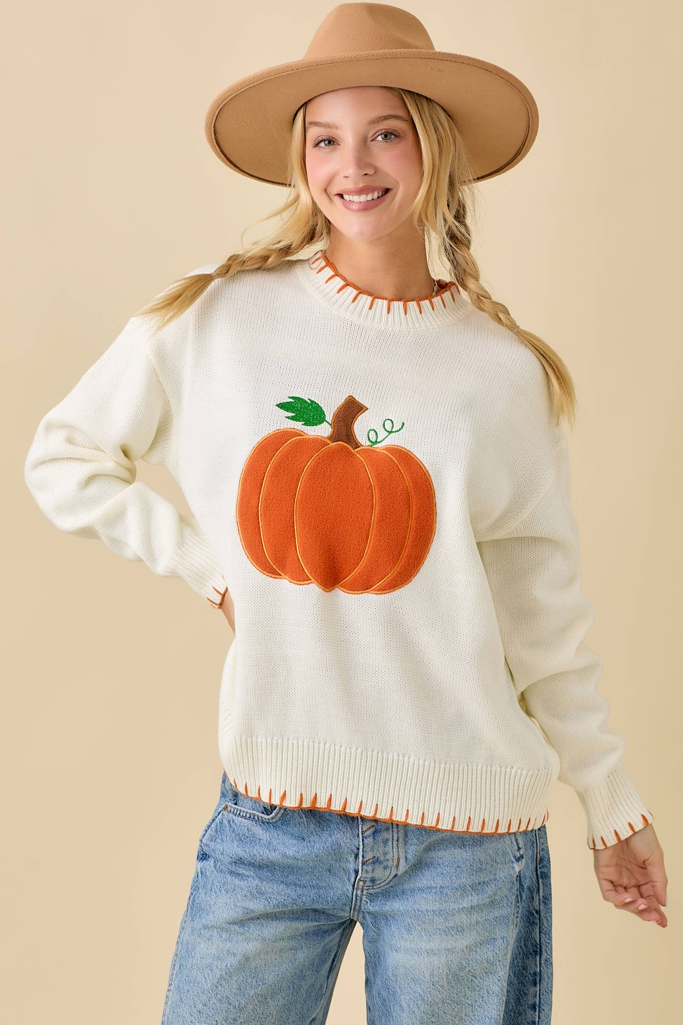 Pumpkin Patchwork Sweater Knit Top With Stitching Detail
