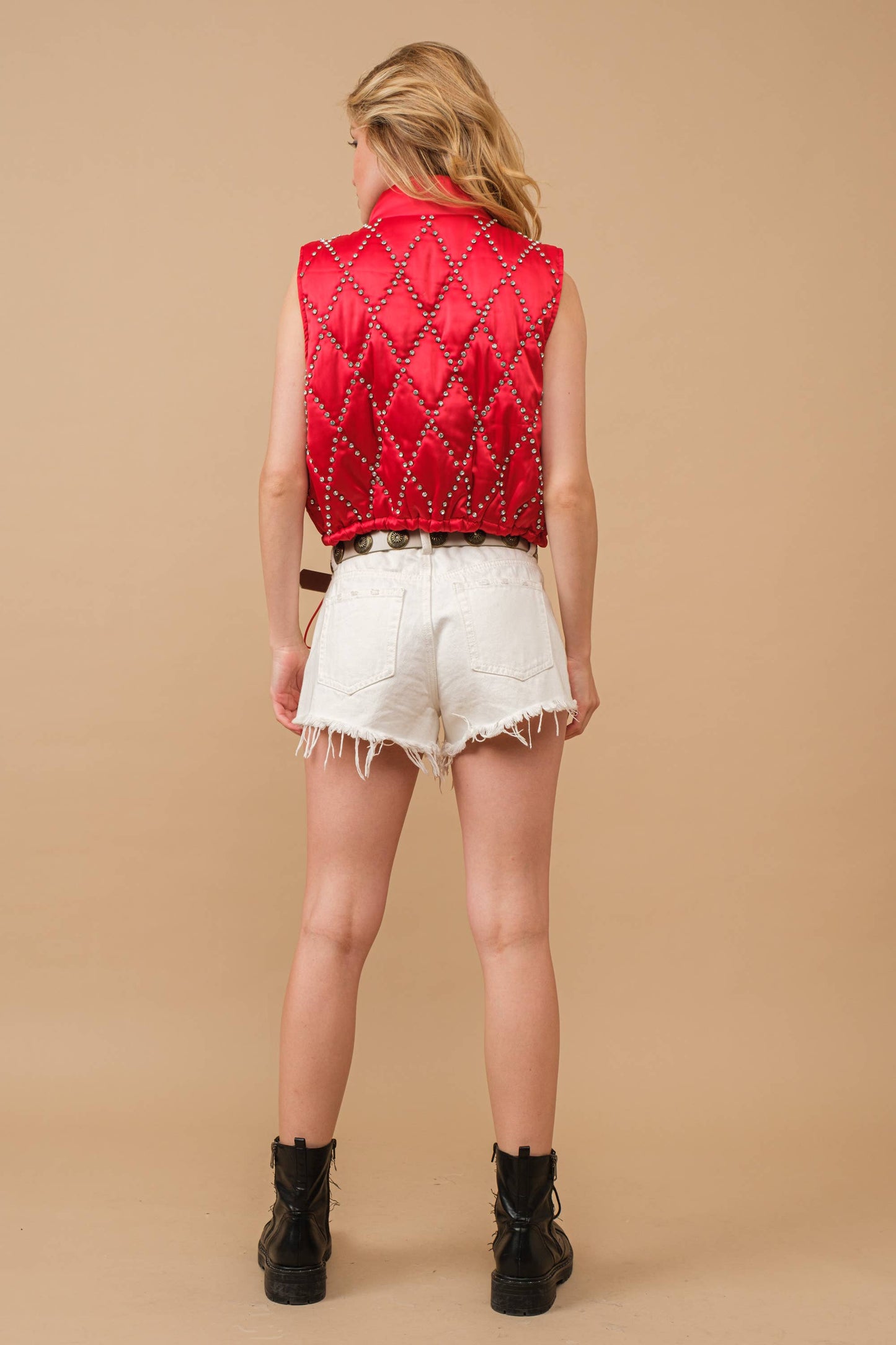 Shiny Woven Studded Crop Puffer Zip Up Vest