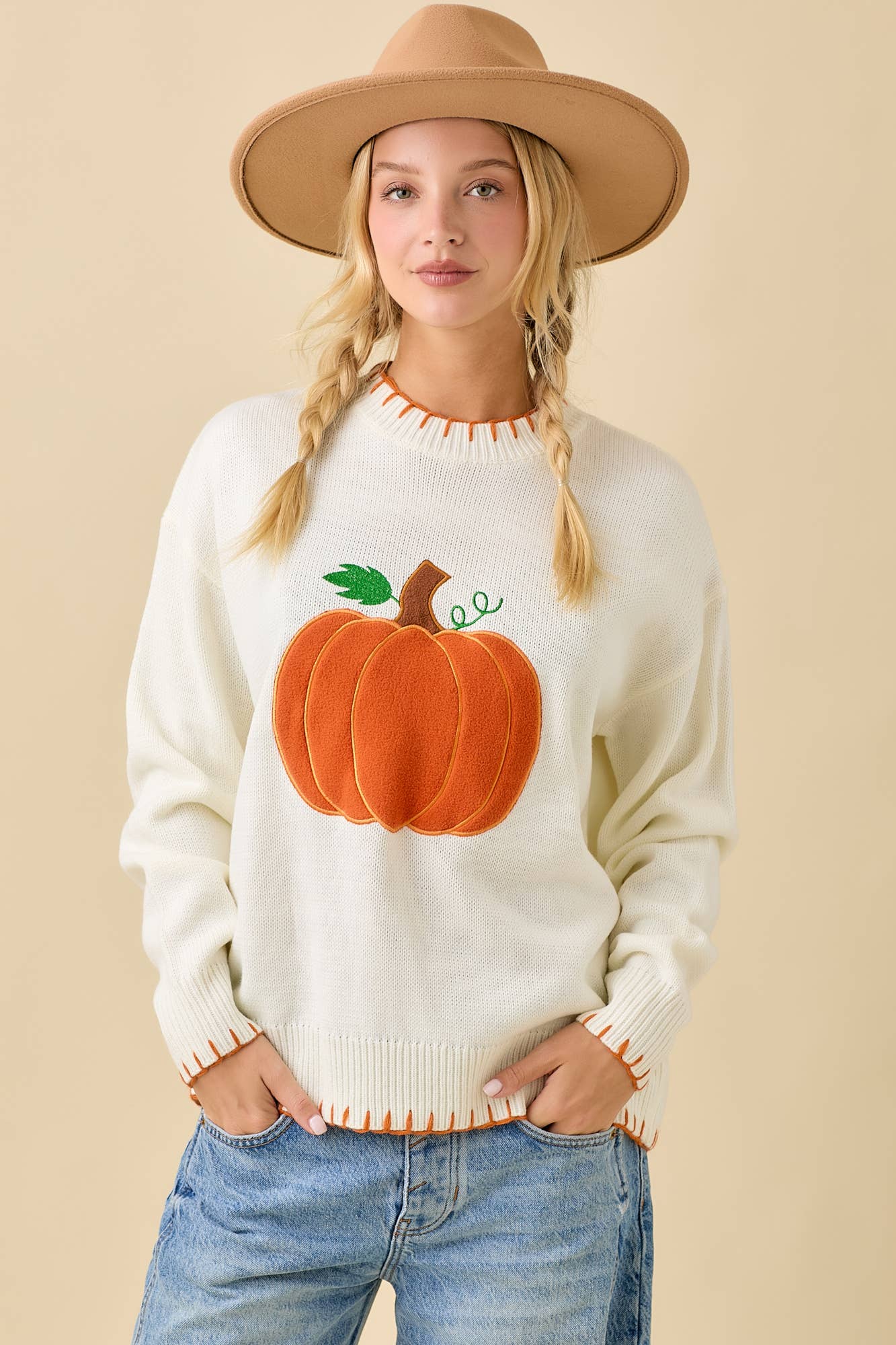 Pumpkin Patchwork Sweater Knit Top With Stitching Detail