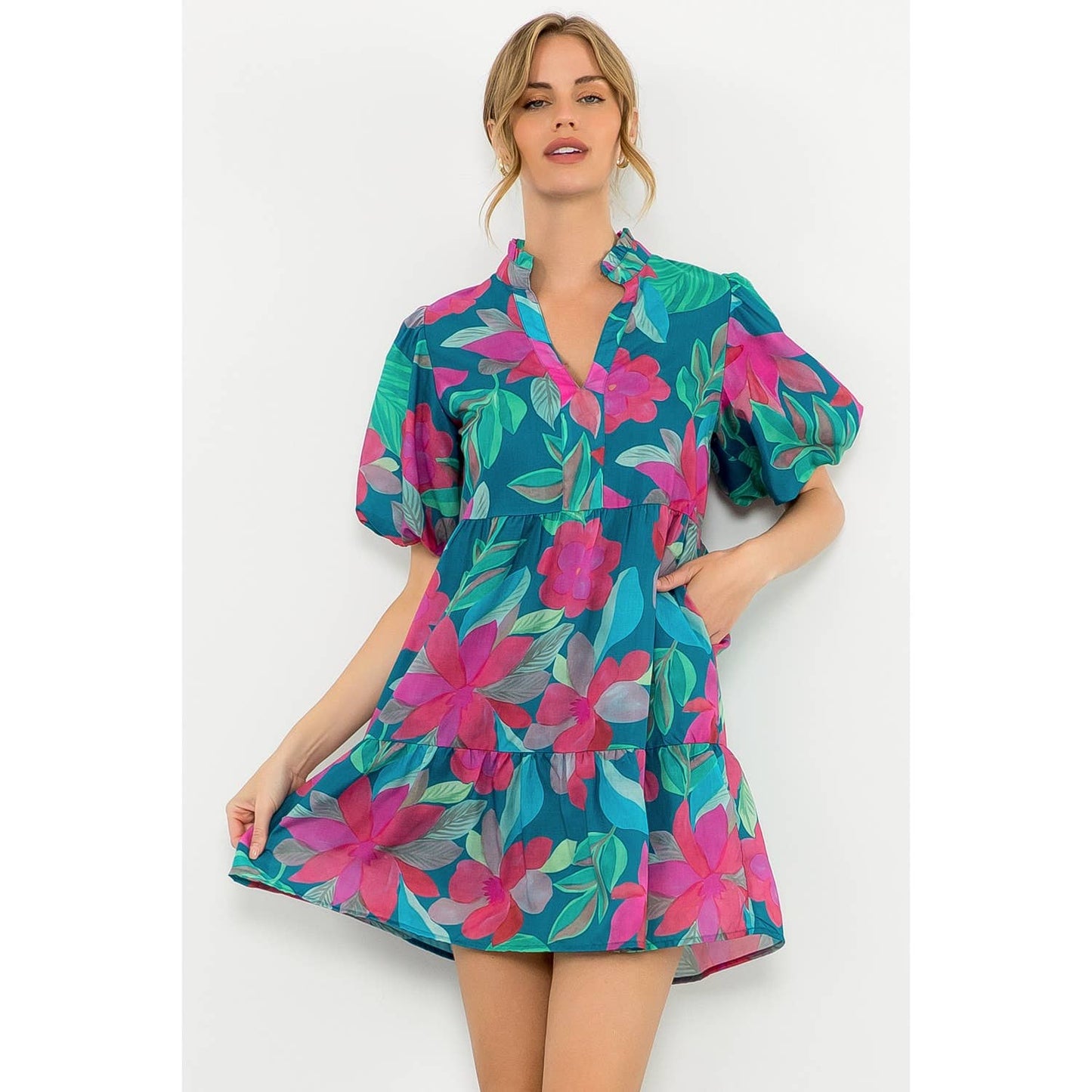Puff Sleeve Flower Print Dress