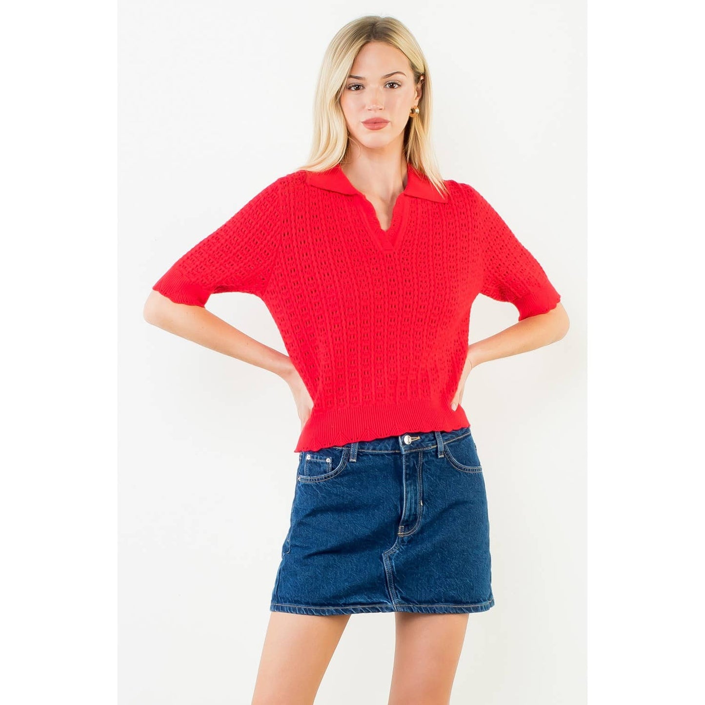 Open Knit Collared Short Sleeve Top