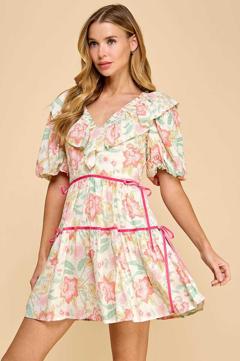 Floral Print V Neck Ruffle Detail Dress
