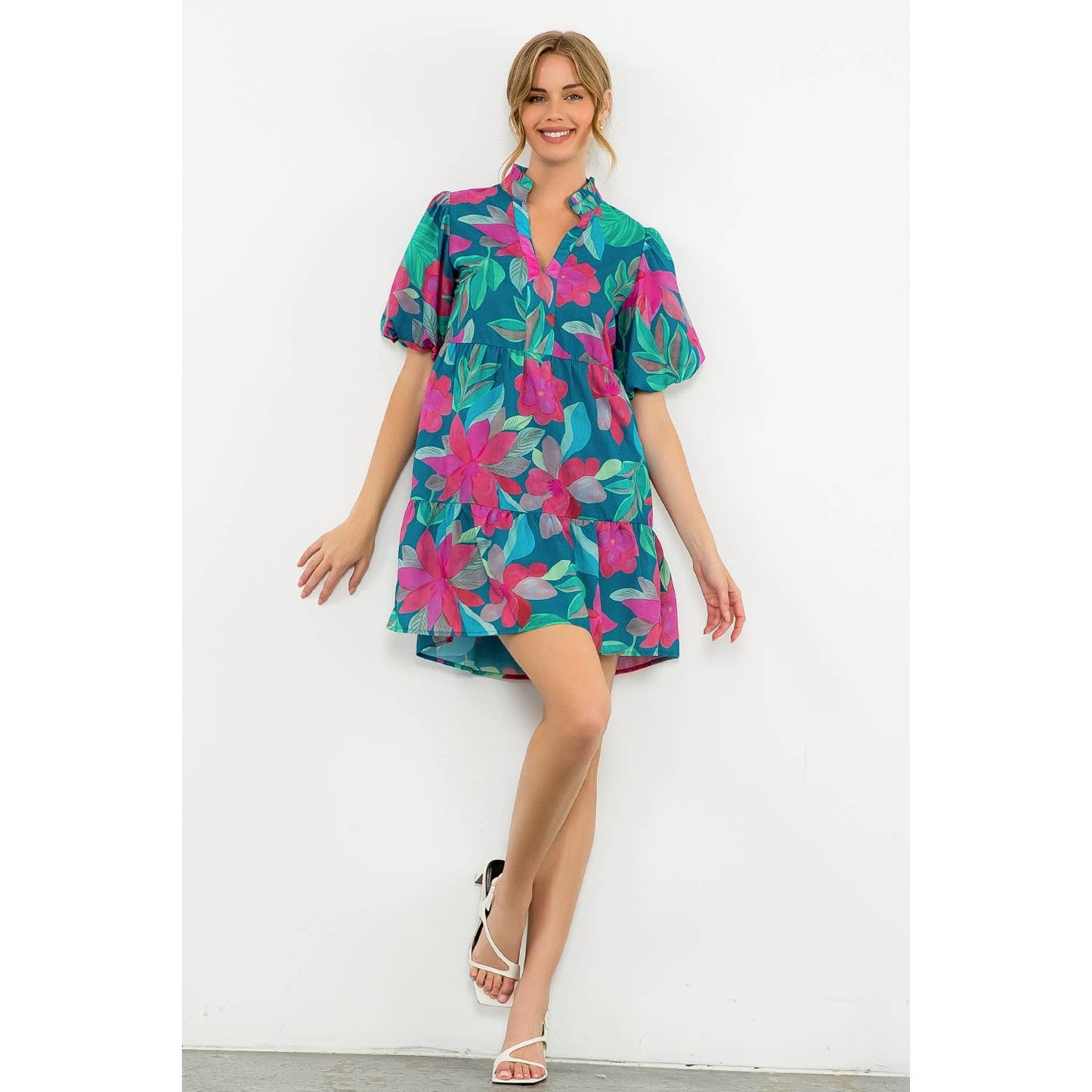 Puff Sleeve Flower Print Dress