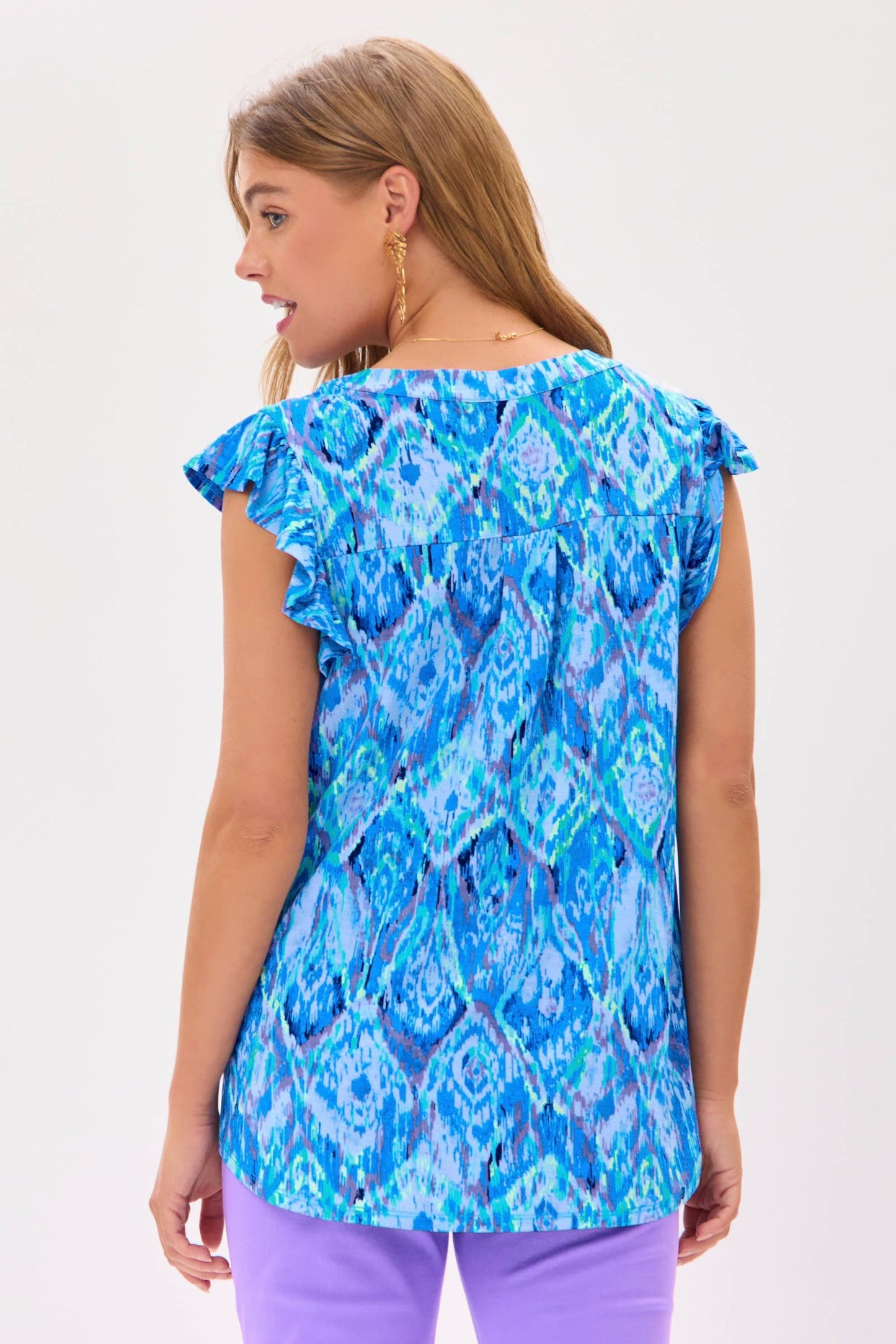 Blue Fair Isle Ruffle Sleeve Tank
