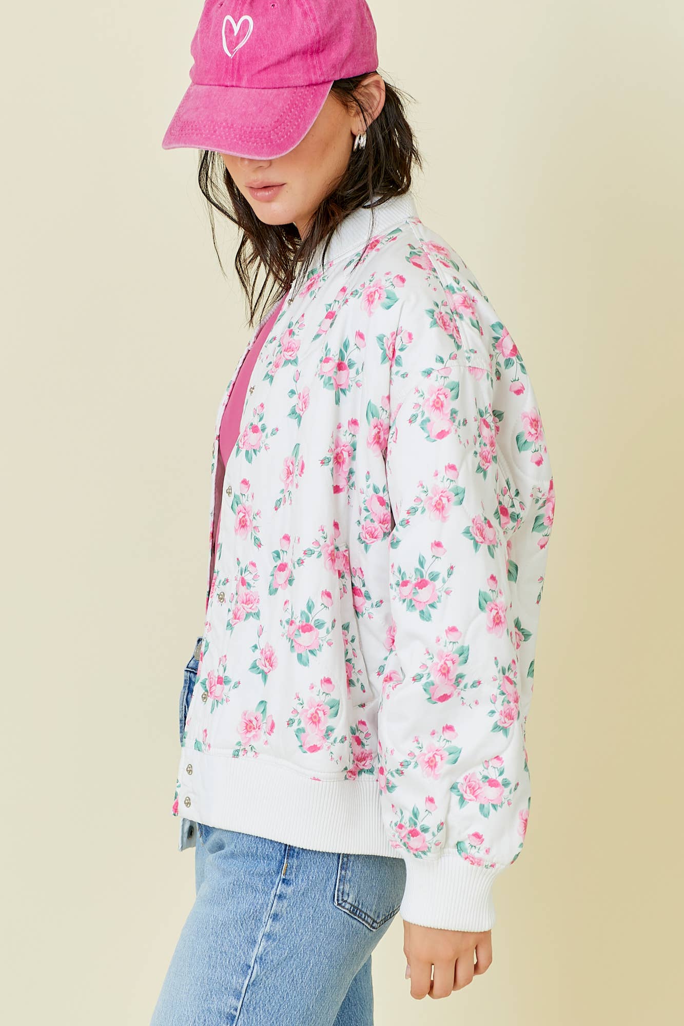 Floral Printed Oversized Quilted Bomber Jacket
