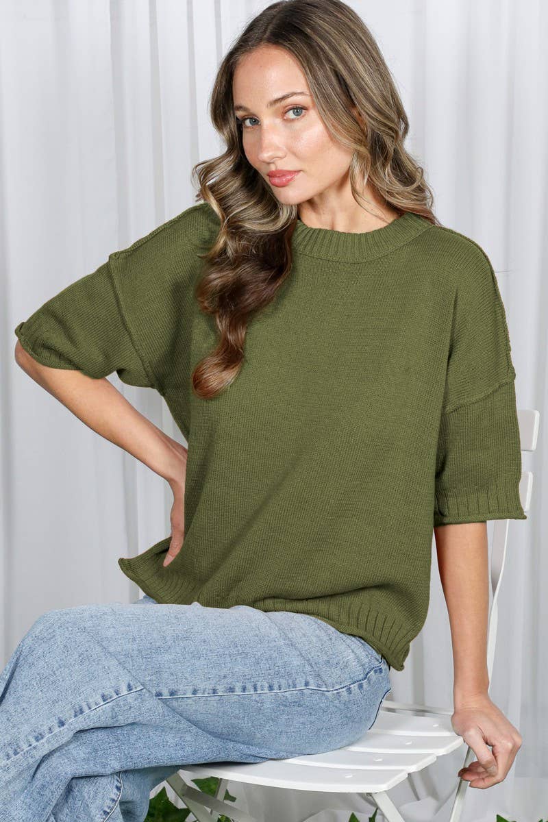 Crew Neck Drop Shoulder Casual Knitted Sweater
