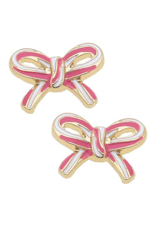 Candy Cane Bow Stud Earrings in Pink & White