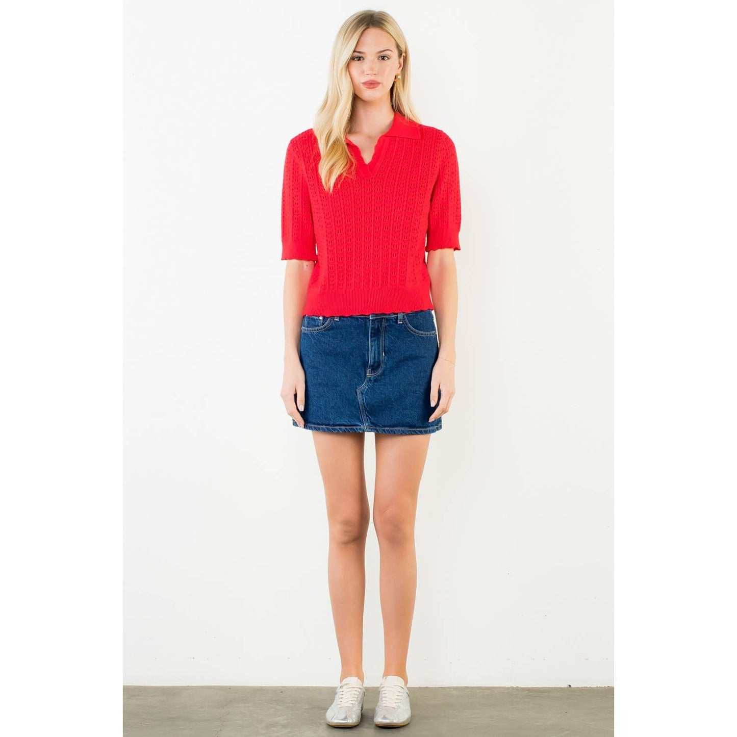 Open Knit Collared Short Sleeve Top