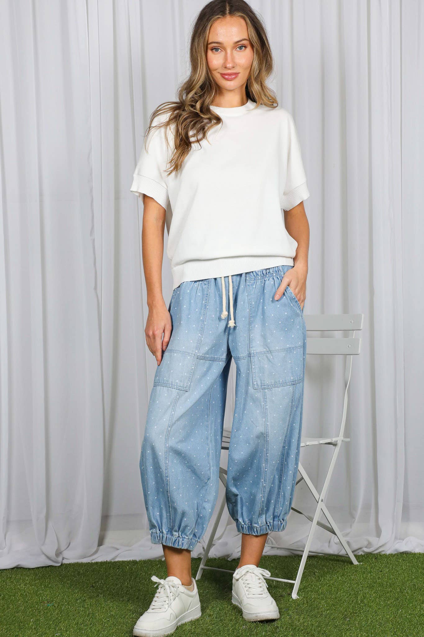 Polka Dot Patch Pocket Crop Barrel Jean
