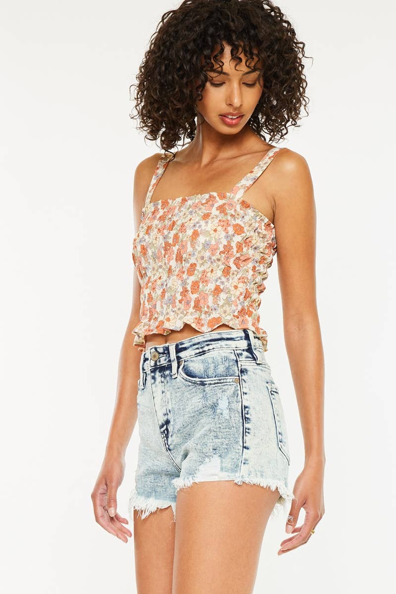 High Rise Fray Hem Denim Shorts