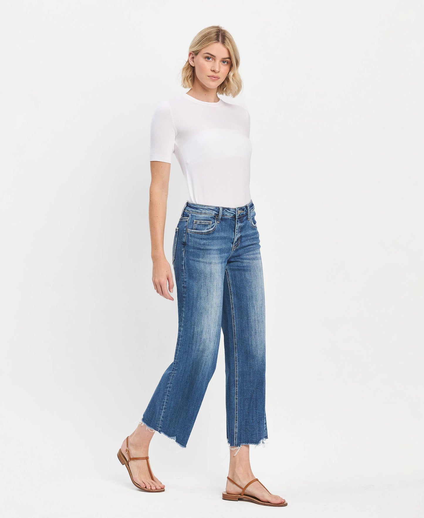 Mid Rise Raw Hem Wide Leg Denim