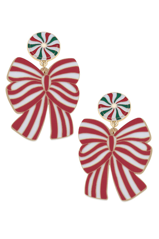Christmas Candy Resin Bow Earrings in Red/White/Green