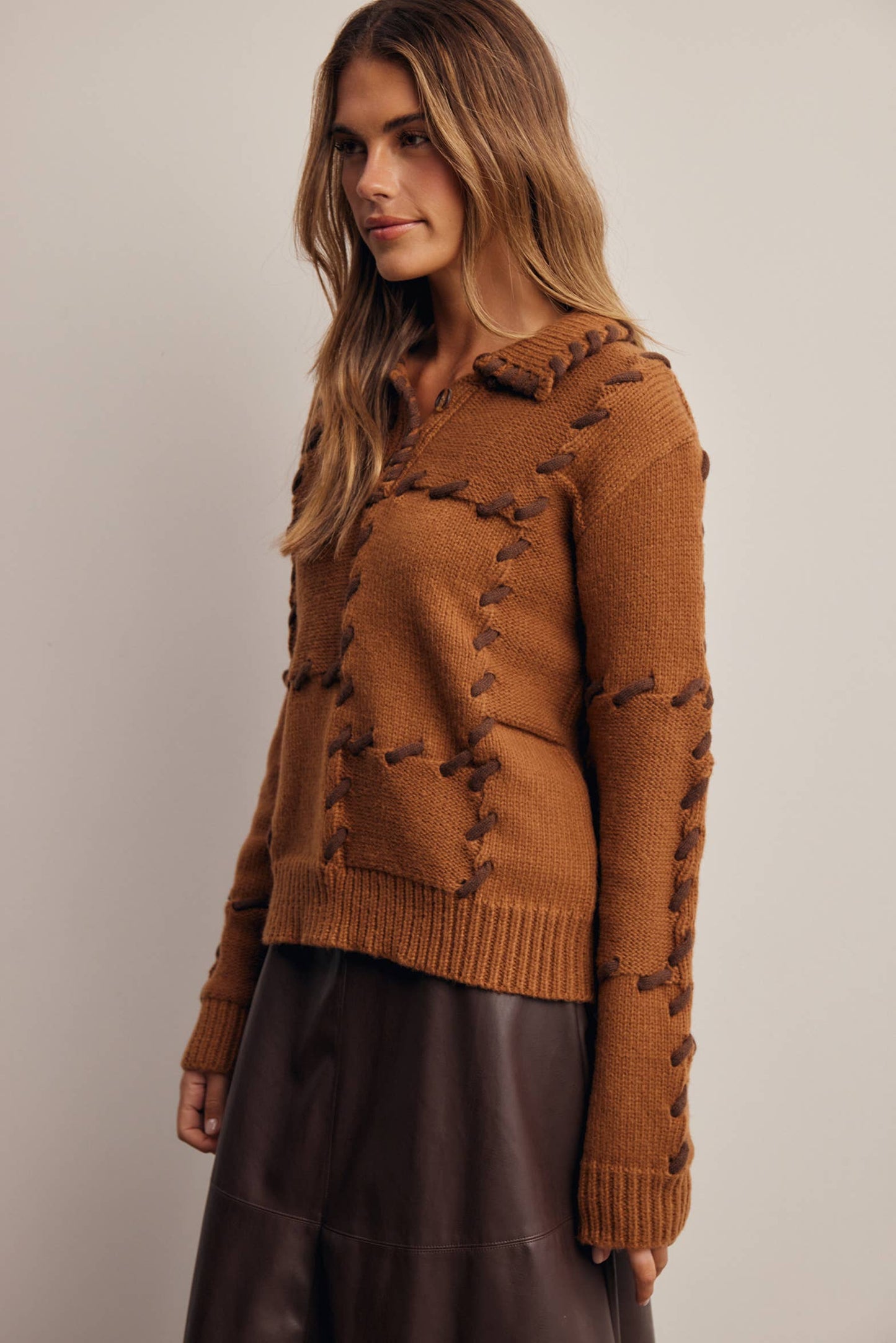 Whipstitch Patchwork Knit Sweater