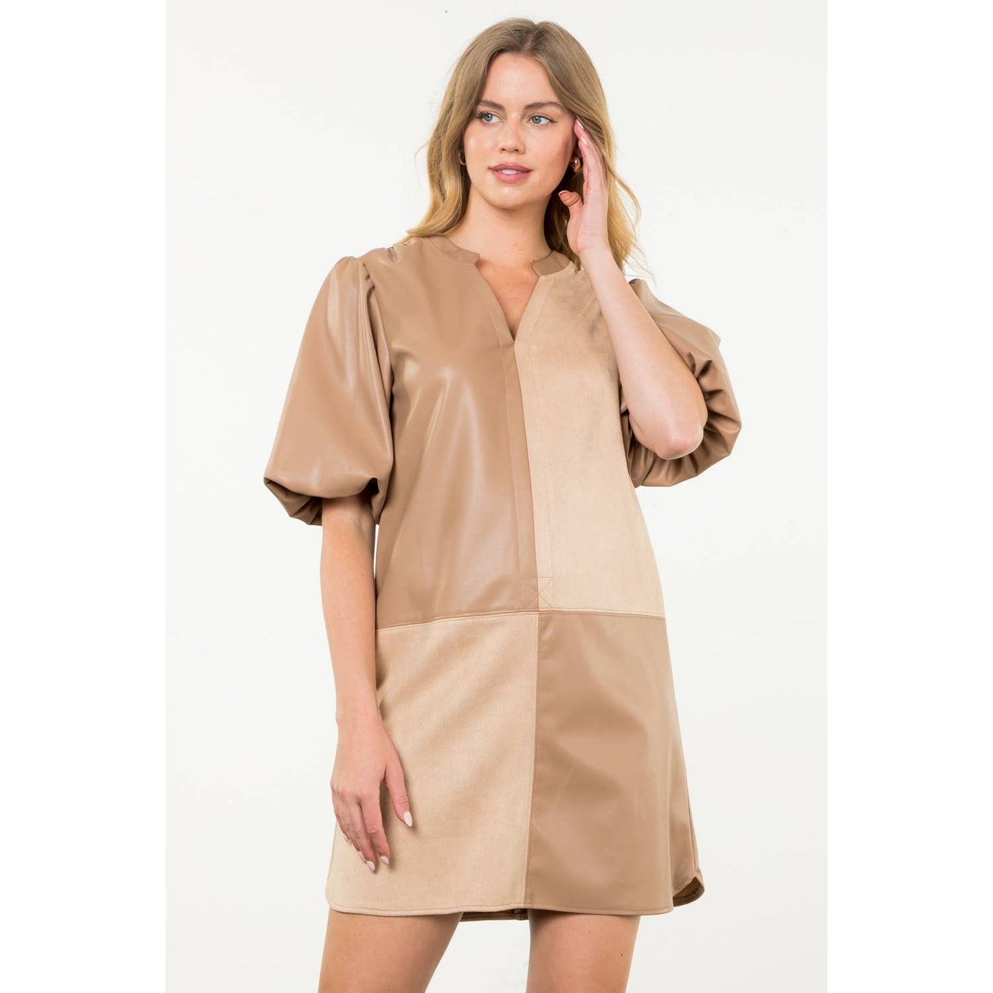 Faux Leather Puff Sleeve Dress