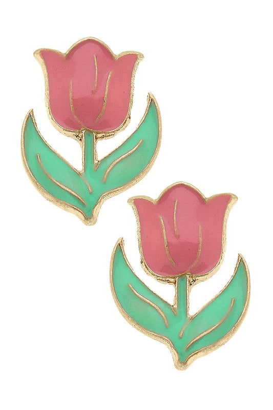 Fresh Tulips Enamel Stud Earrings in Pink & Green