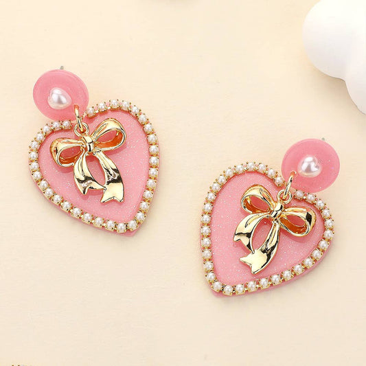 Metal Bow Heart Earrings