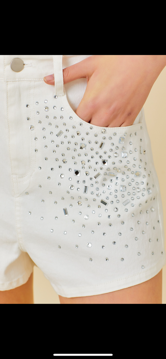 RHINESTONE DENIM SHORT-WHITE