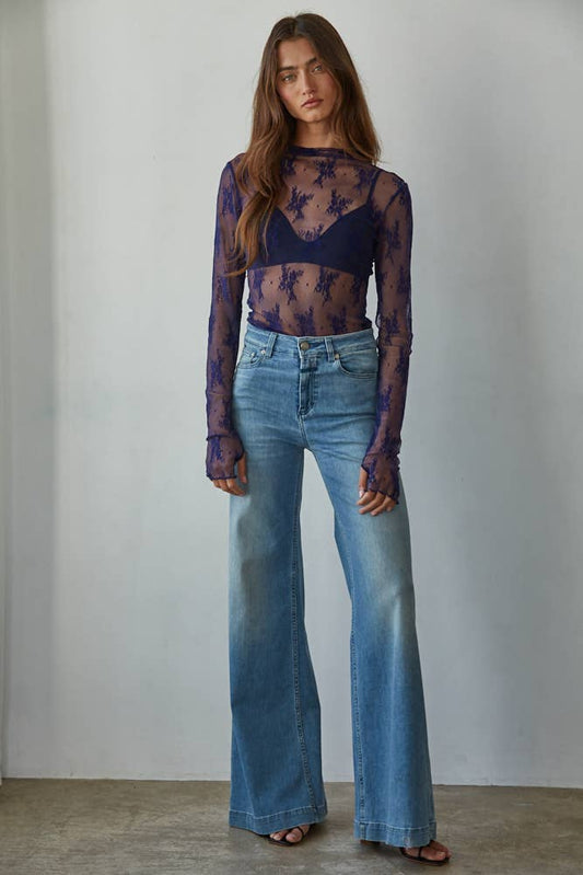 Knit Jacquard Lace Long Sleeve Mock Neck Top