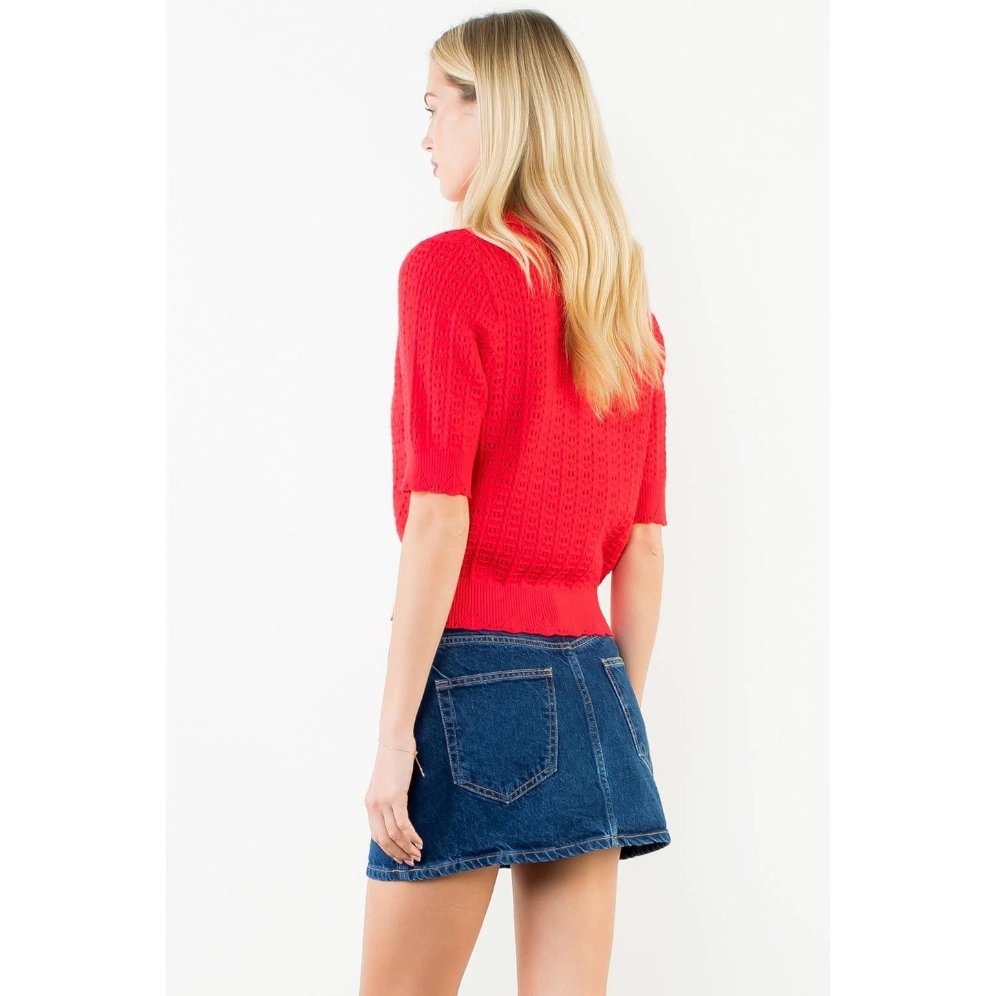 Open Knit Collared Short Sleeve Top