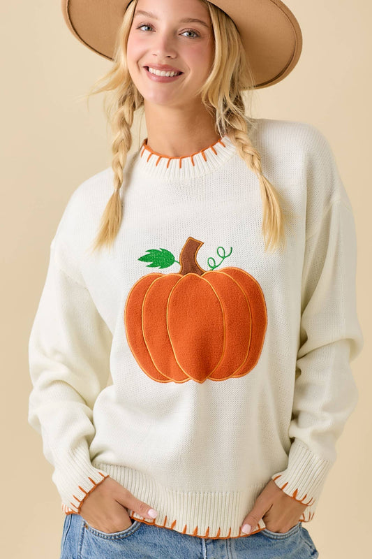 Pumpkin Patchwork Sweater Knit Top With Stitching Detail