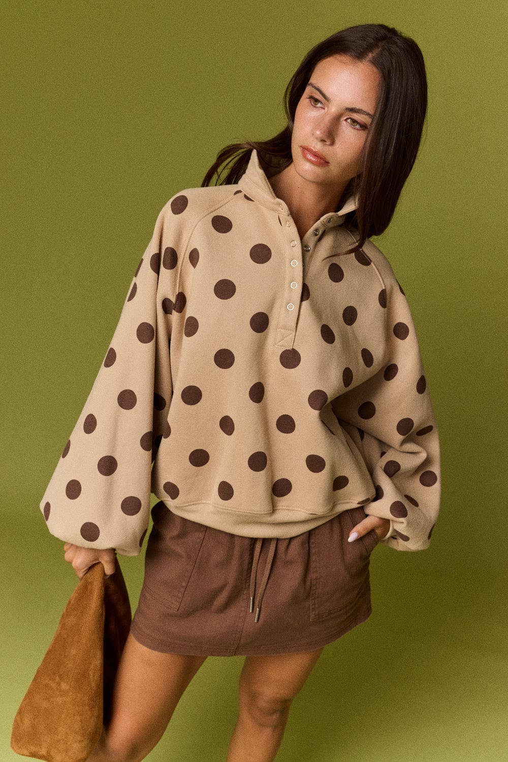 Half-Snap Button Polka Dot Sweatshirt