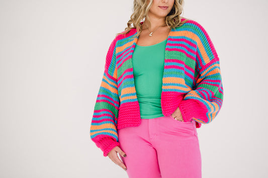 Chunky Knit Multi Striped Open Sweater Cardigan