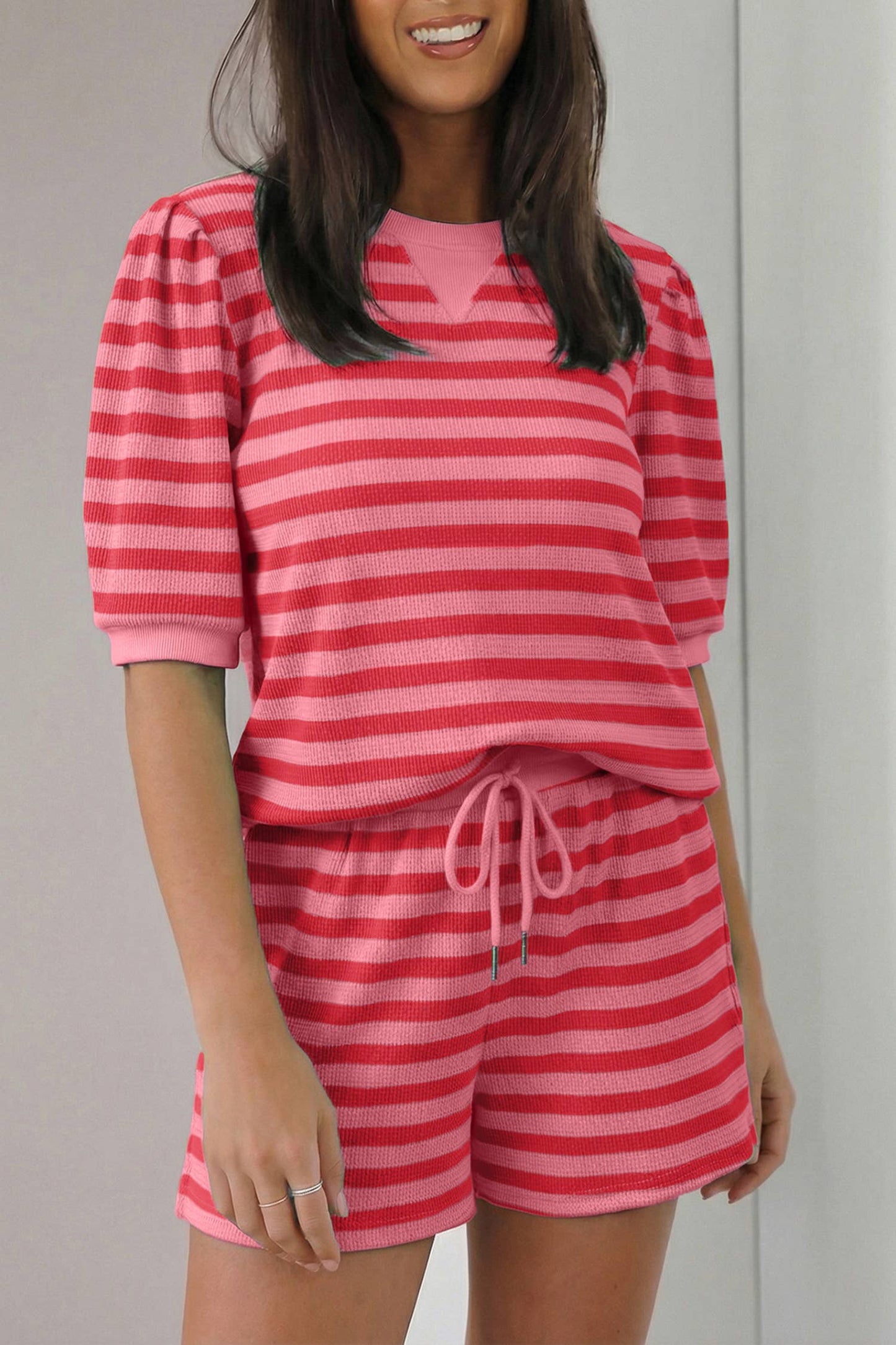 Stripe Puff Sleeve Shorts Set