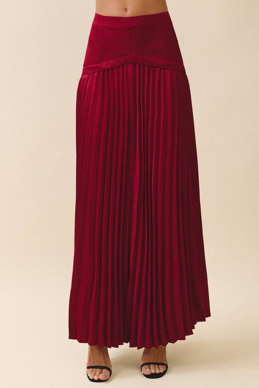 Wide Yoke Panel Accordion Pleats Maxi Skirt